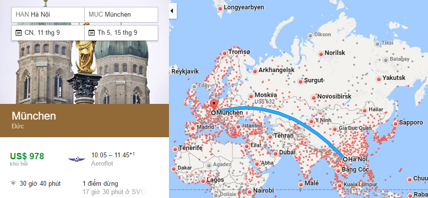 Bản đồ đường bay từ Hà Nội đi Munich