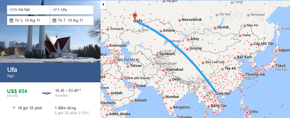 Bản đồ đường bay từ HCM đi Ufa