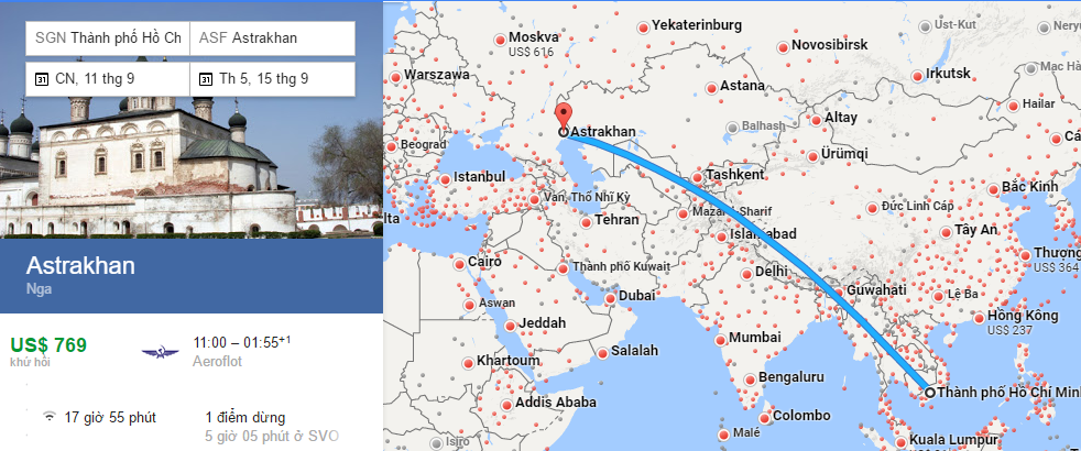 Bản đồ đường bay từ HCM đi Astrakhan
