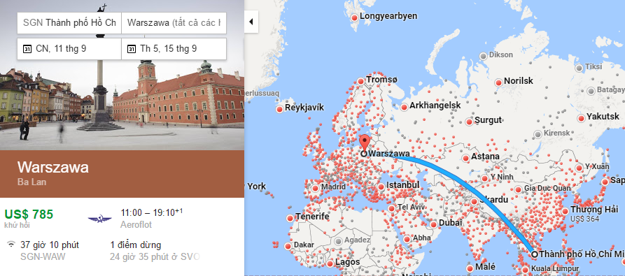 Bản đồ đường bay từ HCM (Việt Nam) đi Warszawa(Ba Lan)