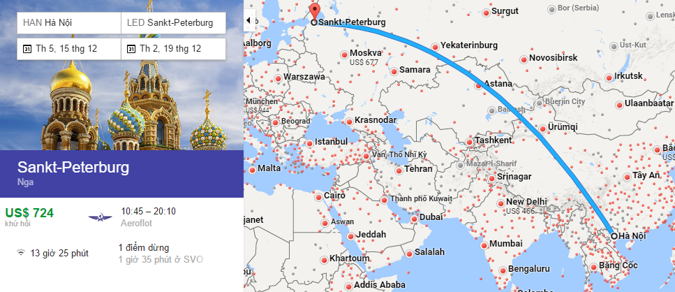 Bản đồ đường bay từ Hà Nội đi Saint Petersburg