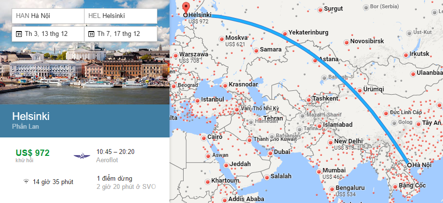 Bản đồ đường bay từ Hà Nội đi Helsinki