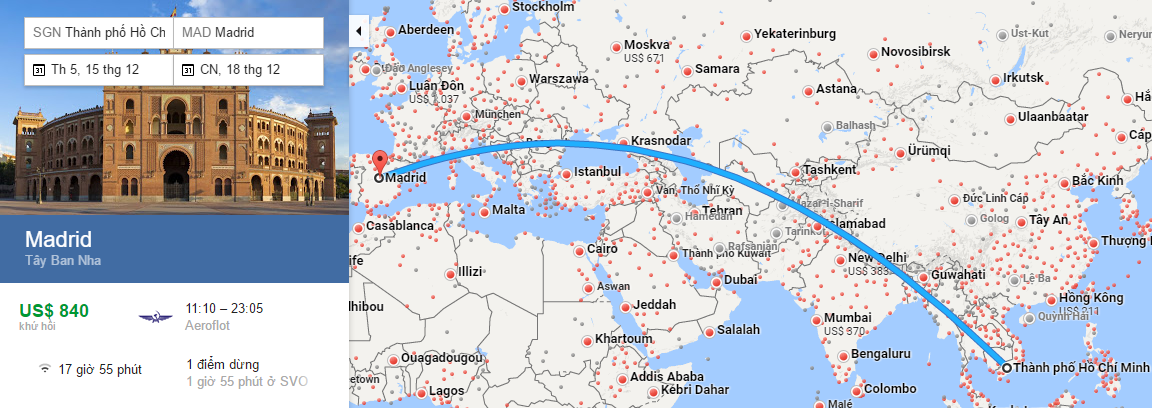 Bản đồ đường bay từ HCM đi Madrid, Tây Ban Nha