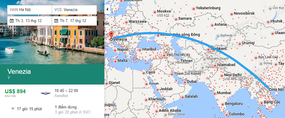 Bản đồ đường bay từ Hà Nội đi Venice